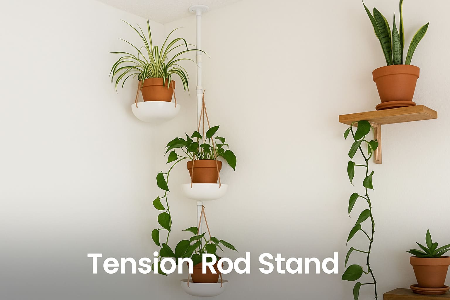 Tension rod plant stand in indoor corner with hanging pots and leafy green plants against white wall – Urban Plant